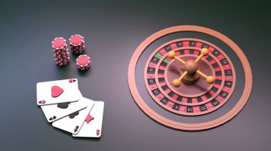 Rulet ve iskambil kağıtları. Kumarhane elemanı. 3 Boyutta Görüntüle.