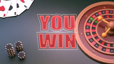 Rulet, fiş ve oyun kartları. Kumarhane elemanı. 3 Boyutta Görüntüle.