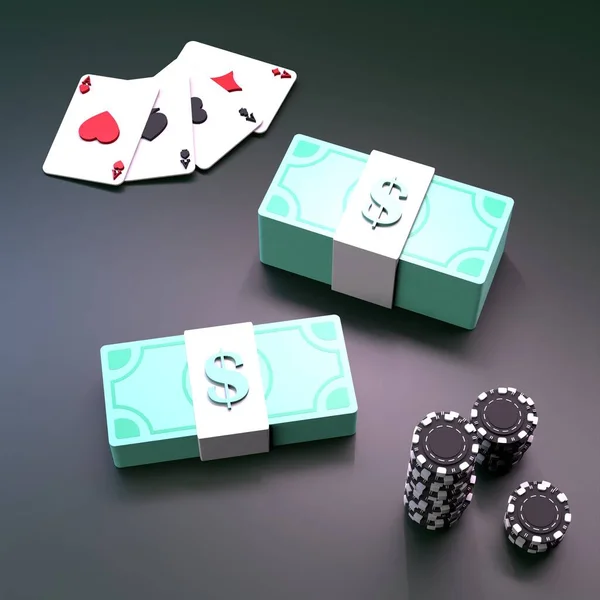 Pilha Fichas Poker Dinheiro Cartas Baralho Elemento Casino Renderizar — Fotografia de Stock