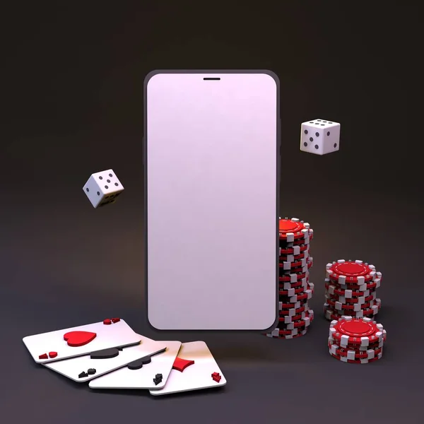 带有广告 芯片和扑克牌空间的电话 赌场元素 3D渲染 — 图库照片