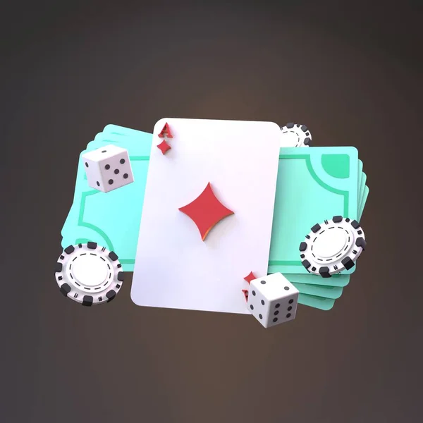 扑克筹码 打牌和钱 赌场元素 3D渲染 — 图库照片