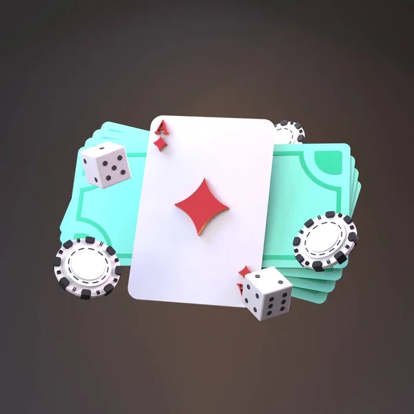 Fichas Póquer Cartas Dinero Elemento Casino Render — Foto de Stock