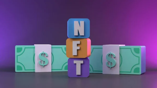 Çok renkli küplerden ve paradan NFT bileşimi. Kripto konsepti. 3d hazırlayıcı.
