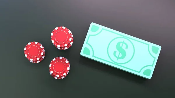 ポーカーチップとお金のスタック カジノの要素 3Dでレンダリング — ストック写真