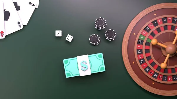 轮盘赌 筹码和扑克牌赌场元素 3D渲染 — 图库照片