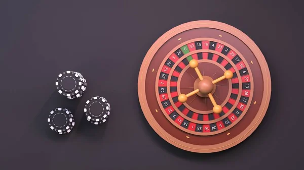 ポーカーチップとルーレットホイールのスタック カジノの要素 3Dでレンダリング — ストック写真