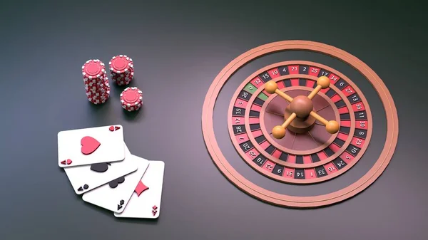 Rulet ve iskambil kağıtları. Kumarhane elemanı. 3 Boyutta Görüntüle.