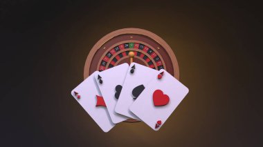 Kart oynamak ve rulet oynamak. Kumarhane elemanı. 3 boyutlu resimleme. Yüksek kalite 3d illüstrasyon