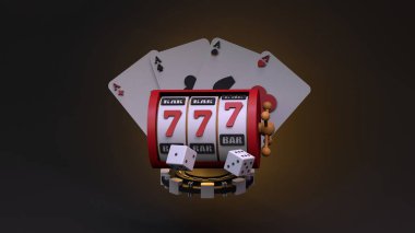 Kumar makinesi, çip, rulet ve iskambil kağıdı, zar. Kumarhane elemanı. 3D tasvir. Yüksek kalite 3d illüstrasyon