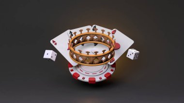 Taç, fiş, iskambil ve zar. Kumarhane elemanı. 3D tasvir. Yüksek kalite 3d illüstrasyon