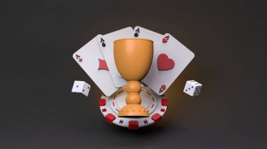 Kupa, fiş, iskambil ve zar. Kumarhane elemanı. 3D tasvir. Yüksek kalite 3d illüstrasyon