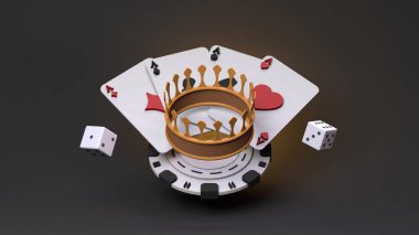 Taç, fiş, iskambil ve zar. Kumarhane elemanı. 3D tasvir. Yüksek kalite 3d illüstrasyon
