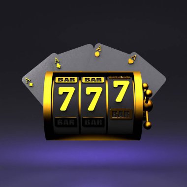 Kumar makinesi ve iskambil kağıdı. Altın aksanlı siyah kumarhane elemanları. 3 boyutlu canlandırma. Yüksek kalite 3d illüstrasyon