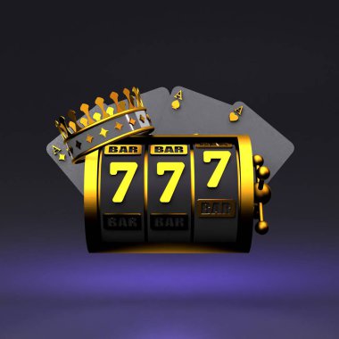 Kumar makinesi, taç ve iskambil kağıtları. Altın aksanlı siyah kumarhane elemanları. 3 boyutlu canlandırma. Yüksek kalite 3d illüstrasyon