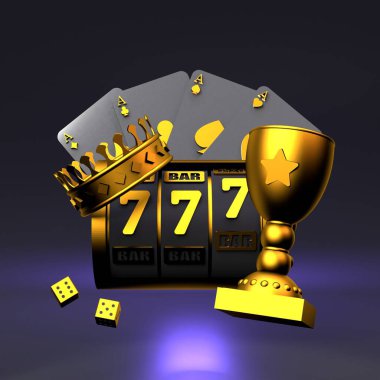 Kumar makinesi, iskambil kağıdı, taç, zar ve altın kadeh. Altın aksanlı siyah kumarhane elemanları. 3 boyutlu canlandırma. Yüksek kalite 3d illüstrasyon