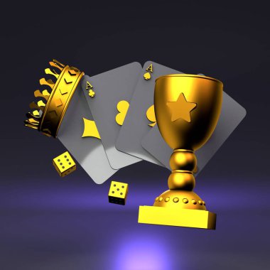 Playing cards, dice, crown and goblet. Black casino elements with gold accents. 3D rendering illustration. High quality 3d illustration