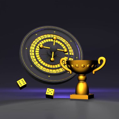 Rulet, zar ve kadeh. Altın aksanlı siyah kumarhane elemanları. 3 boyutlu canlandırma. Yüksek kalite 3d illüstrasyon