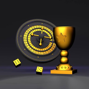 Rulet, zar ve kadeh. Altın aksanlı siyah kumarhane elemanları. 3 boyutlu canlandırma. Yüksek kalite 3d illüstrasyon