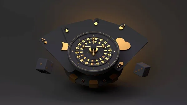 Roulette Playing Chip Playing Cards Gold Elements Black Dice Black — Stockfoto