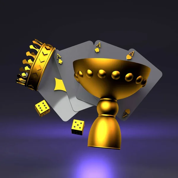 王冠和酒杯 黑色赌场元素与黄金口音 3D渲染插图 高质量3D插图 — 图库照片