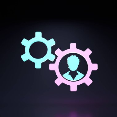 Ayarlar simgesi, siyah zemin üzerinde neon elementleri olan iki vites. 3B resimleme.