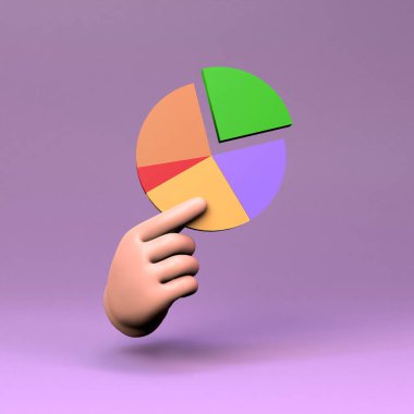Bir el çok renkli bir pasta grafiği tutar. 3 boyutlu canlandırma. Yüksek kalite 3d illüstrasyon