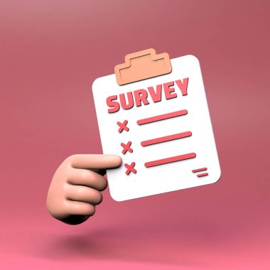 Elde bir anket, liste ve işaretler var. 3 boyutlu canlandırma. Yüksek kalite 3d illüstrasyon