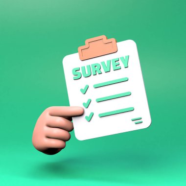 Elde bir anket, liste ve işaretler var. 3 boyutlu canlandırma. Yüksek kalite 3d illüstrasyon