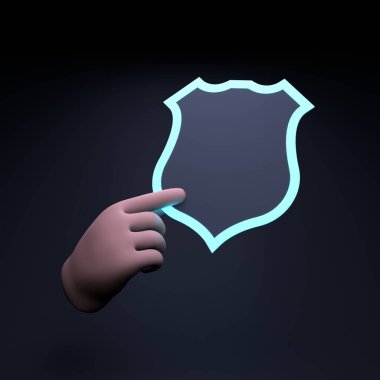 Bir kalkan simgesini tutan el. Koruma ve tehlike uyarısı kavramı. 3d resimleme.