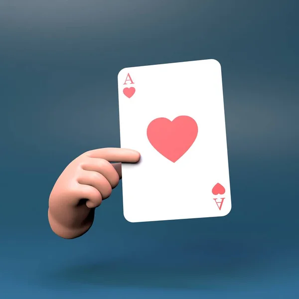 The hand holds a card with the suit of hearts. Casino element. 3d render illustration.