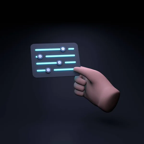 イコライザーアイコンを手で押します 3Dレンダリング図 — ストック写真