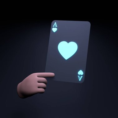 Elde neon bir oyun kartı var. Kumarhane kavramı, poker. 3 boyutlu resimleme. Yüksek kalite 3d illüstrasyon