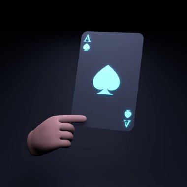 Elde neon bir oyun kartı var. Kumarhane kavramı, poker. 3 boyutlu resimleme. Yüksek kalite 3d illüstrasyon