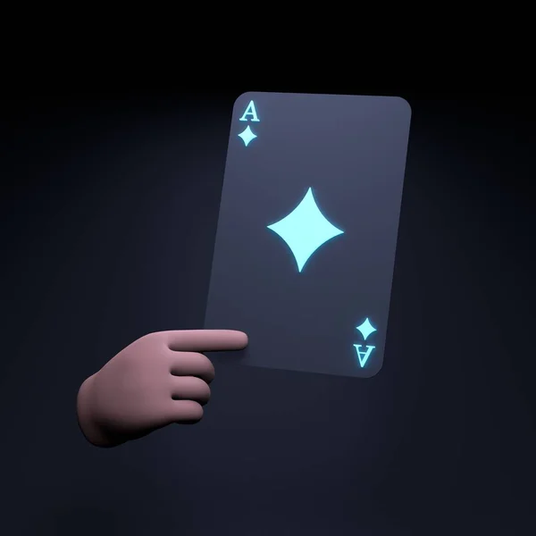 手拿着霓虹灯游戏卡 赌场的概念扑克3D渲染说明 高质量3D插图 — 图库照片