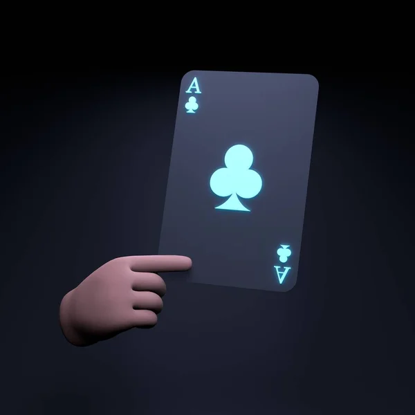 Mão Segura Uma Carta Jogo Néon Conceito Casino Póquer Renderizar — Fotografia de Stock