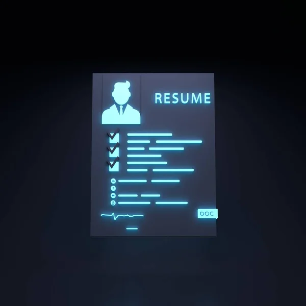 Candidate resume neon icon. Personnel search concept. 3d render illustration. High quality 3d illustration