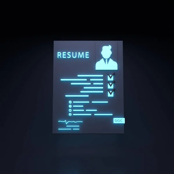 Candidate resume neon icon. Personnel search concept. 3d render illustration. High quality 3d illustration