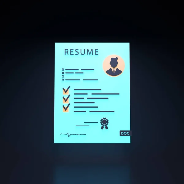 Resume neon icon on black background. 3d render illustration. High quality 3d illustration