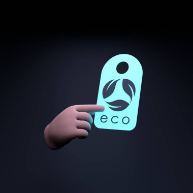 El bir Neon ECO ikonunu tutuyor. Ekoloji Koruma Konseri. 3d resimleme.