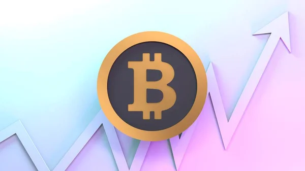 Bitcoin logo and growth chart. 3d render illustration.