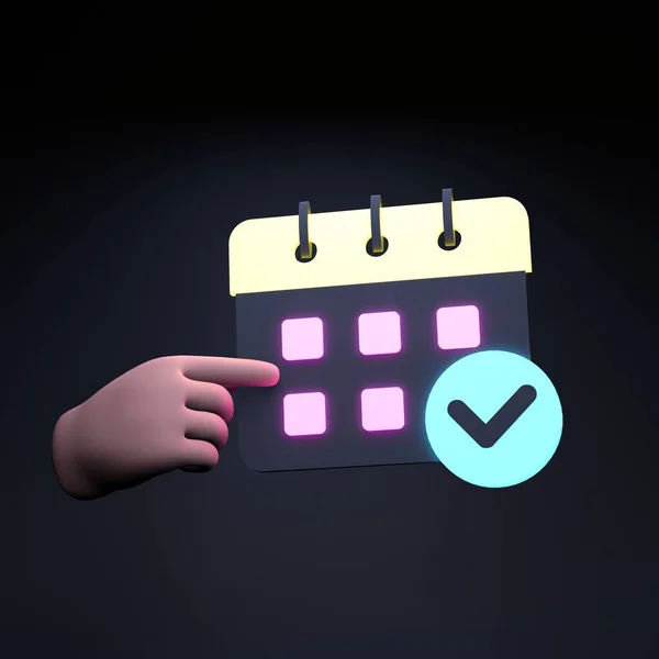 A hand is holding a calendar with a check mark. 3d render illustration.