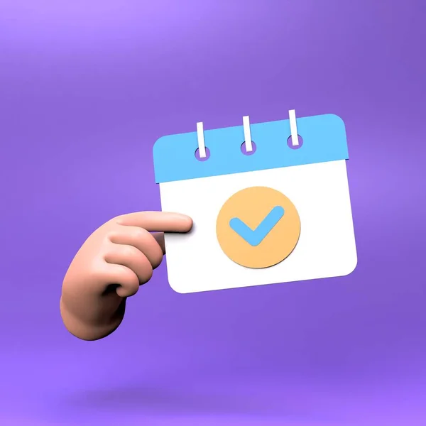 A hand is holding a calendar with a check mark. 3d render illustration.