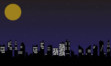 Şehir Arkaplanı Gecesi şehir binalarının siluetleri ve ay ile gece atmosferi.