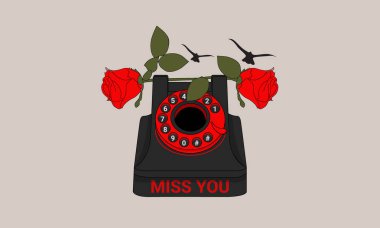 Resimli telefon kelimeleri seni özlüyor sonra güller bir kulp ve bir kuşun silueti.