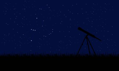 Background night sky with the silhouette of the telescope and the constellation Orion.