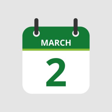 Düz simge takvimi 2 Mart 'ta gri arkaplanda izole edildi. Vektör illüstrasyonu.