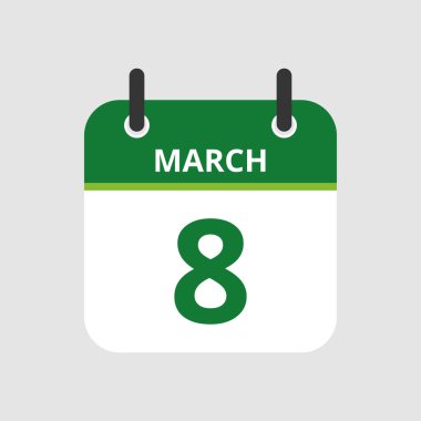 Düz simge takvimi 8 Mart 'ta gri arka planda izole edildi. Vektör illüstrasyonu.