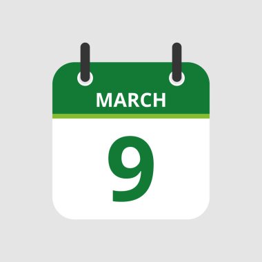 Düz simge takvimi 9 Mart 'ta gri arka planda izole edildi. Vektör illüstrasyonu.