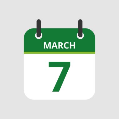 Düz simge takvimi. 7 Mart, gri arka planda izole edilmiş. Vektör illüstrasyonu.