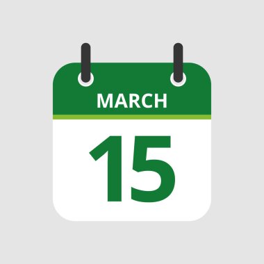 Düz simge takvimi 15 Mart 'ta gri arkaplanda izole edildi. Vektör illüstrasyonu.